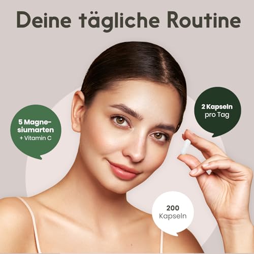 Magnesium Komplex hochdosiert - 200 Kapseln - 400 mg Magnesium pro Tag + Vitamin C, mit Bisglycinat, Citrat, Oxid, L-Ascorbat, Malat, vegan & produziert in Deutschland