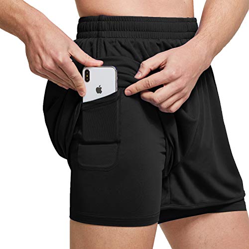 Ogeenier Men's Mesh 2 in 1 Running Workout Shorts with Compression Liner Dry Fit Athletic Gym Shorts with Pockets,Black,XL