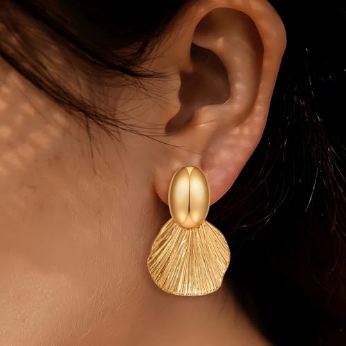 Gold Earrings Dangle Chunky Fan-shaped Earrings Shell Earring for Women Two-Tone Fashion Statement Jewelry4