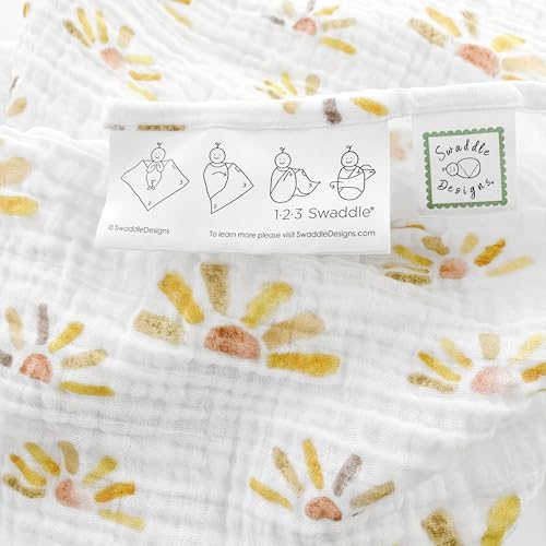 Image of SwaddleDesigns Cotton Muslin Swaddle Blankets, Set of 4, Receiving Blanket for Newborn Babies, Baby Registry & Gift, 46x46 Inches, Watercolor Sunny Days