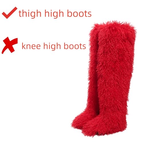 Image of Black Thigh High Fur Boots, Over the Knee Fluffy High Boots, Tall Furry shoes for Women