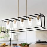 VINLUZ Farmhouse Chandeliers for Kitchen Island with Clear Glass Shade Black and Brushed Brass 5 Light Dining Room Lighting Fixtures Hanging, Rectangle Pendant Lights Industrial Ceiling Light