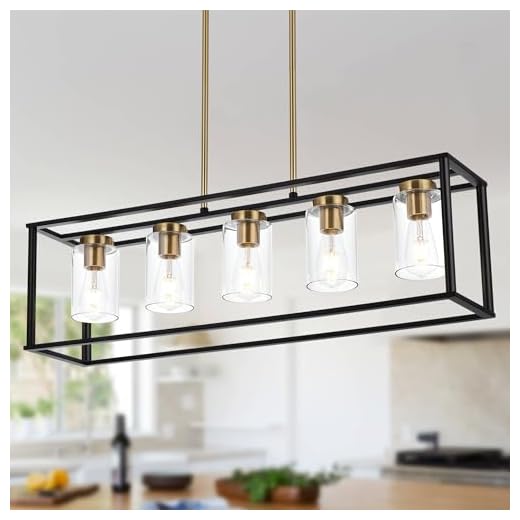 VINLUZ Farmhouse Chandeliers for Kitchen Island with Clear Glass Shade Black and Brushed Brass 5 Light Dining Room Lighting Fixtures Hanging, Rectangle Pendant Lights Industrial Modern Ceiling Light