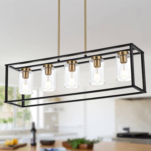 Image of Farmhouse Chandeliers for Kitchen Island with Clear Glass Shade Black and Brushed Brass 5 Light Dining Room Lighting Fixtures Hanging, Rectangle Pendant Lights Industrial Ceiling Light