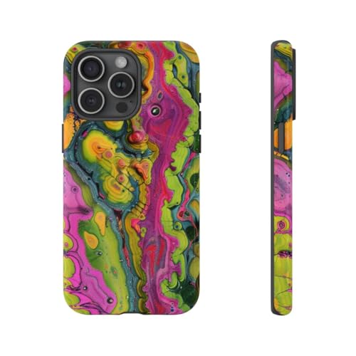 Coque iPhone 15 Pro Max jaune rigide motifs organiques abstraits colorés protection brillante