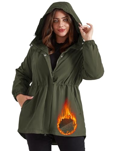 Hanna Nikole Women Rain Jacket Plus Size Long Waterproof Winter Lined Hooded Walkingd Raincoat Green Insulate Windbreaker 22W