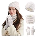 Damen Winter Set - Beanie Mütze, Loop Schal & Touchscreen Handschuhe - Fleece gefütterte 3er Set für extreme Wärme - Weiches Winteraccessoires Geschenk