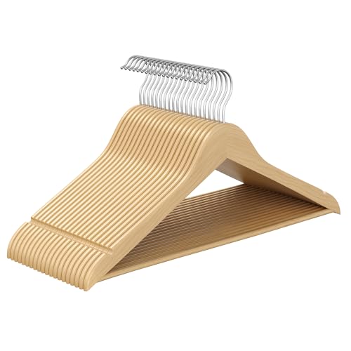 SONGMICS Percha de Madera, Juego de 20, Delgada, Muescas en Hombros, Percha para Pantalones, Gancho Giratorio 360°, Madera de Abedul, para Tirantes y Chaquetas, Beige Natural CRW040K01