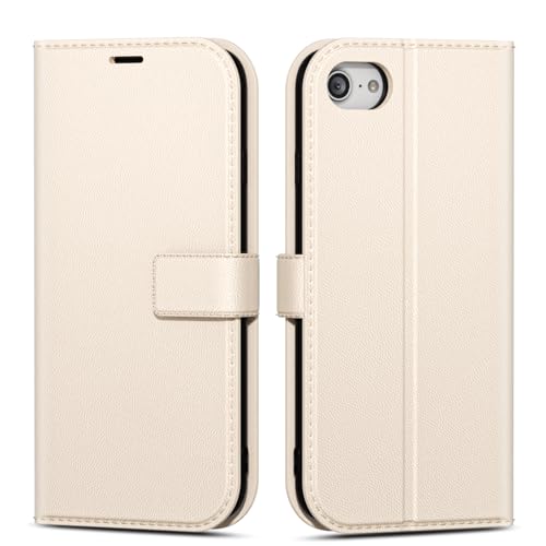 oakxco for iPhone SE 2022/2020/ 8/7 Wallet Case with Credit Card Holder, Magnetic RFID Slim Folio Book Flip Leather Phone Case for Women Men Girl, Cute Silicone Rubber Shockproof Cover, Beige White