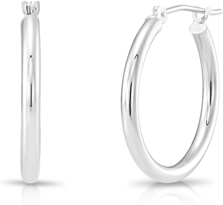 Classic 10K White Gold Hoop Earrings - Shiny Polished Plain Round Gold Hoops for Women and Men