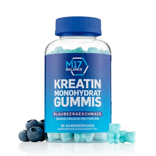 Creatin Monohydrat Gummibärchen - 5000 mg Kreatin mit BCAAs & L-Carnitin pro Dosis - Für Muskelaufbau - Zuckerfrei, Anti-Schmelz-Formel, Vegan, Glutenfrei - 30 Portionen (90 Stück, Blaubeere)