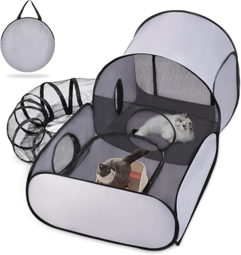 Portable Pet Playpen with Tunnel - Foldable Cat & Kitten Enclosure Tent Lightweight Interactive Pet House for Small Animals Indoor & Outdoor Use for Home Camping & Travel(Grey M)