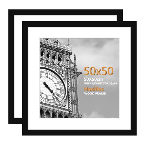 HoziRes 50cm x 50cm Frame Square Picture Frames, Set of 2 Wooden Picture Frame with Plexiglass Front, 50x50 Black Photo Frame for Wall Mounting, 20x20 inch Poster Frames with Mat for 39x39cm Printing