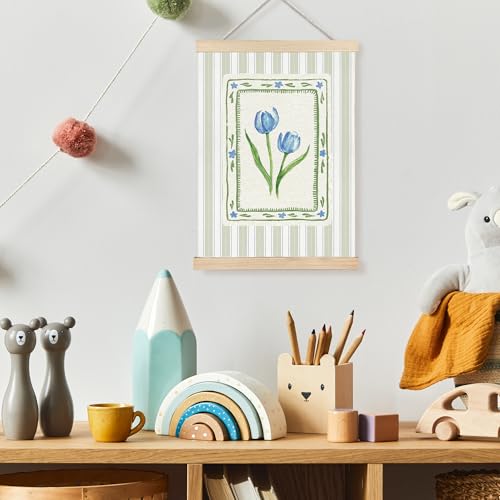 Image of PQKIY Grandmillennial Blue and Green Tulip Wall Art Poster Hanger Frame 12x16 in, French Country Cottagecore Floral Botanical Striped Wall Decor Canvas Prints for Home Bedroom Living Room