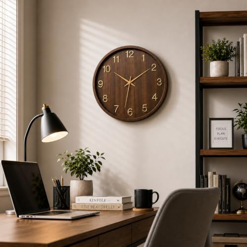 Image of STAR WORK 14 inch Inch Silent Wall Clock - Wood Finish Analog Clock with Gold Numerals, Non-Ticking Quartz Movement, Modern Decorative Wall Clock for Living Room, Bedroom & Office. (Brown 14-inch (35cm)