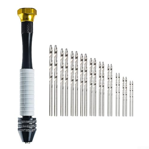 Jotekonoby Juego de brocas manuales para fabricación de joyas con 20 brocas de 0,8 mm a 3,0 mm, taladro manual de precisión para resina, madera, plástico, mango antideslizante, mini mano