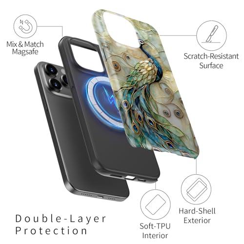 Image of Goodon for iPhone 13 Pro Max Case Cute - Wireless Charging Compatible - Dual-Layer Hard Shell + Silicone Cover - Protective Phone Case with Trendy Designs for Women - Peacock and Flower