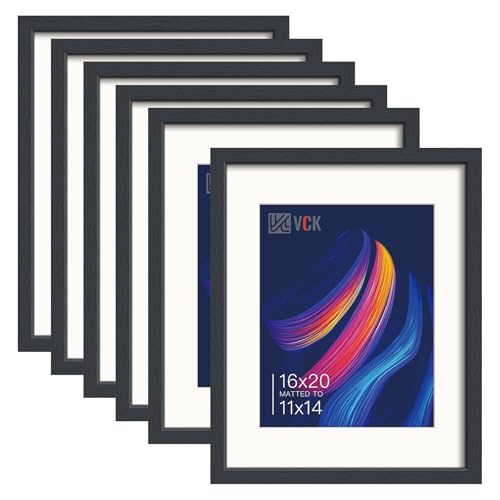 Image of VCK 16x20 Frames Set of 6, Black Wood, 11x14 Mat, Glass, for Picture Poster