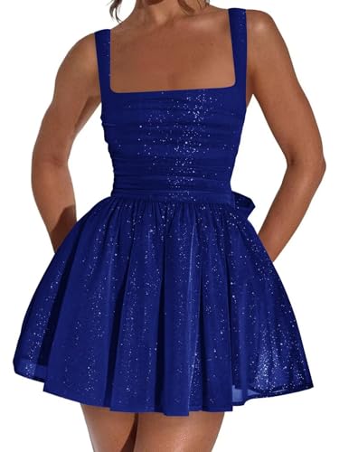 Eightale Glitter Tulle Homecoming Dresses for Teens Royal Blue Sparkly Short HOCO Dress with Bow Sleeveless Corset A Line Mini Prom Cocktail Gown Size 4