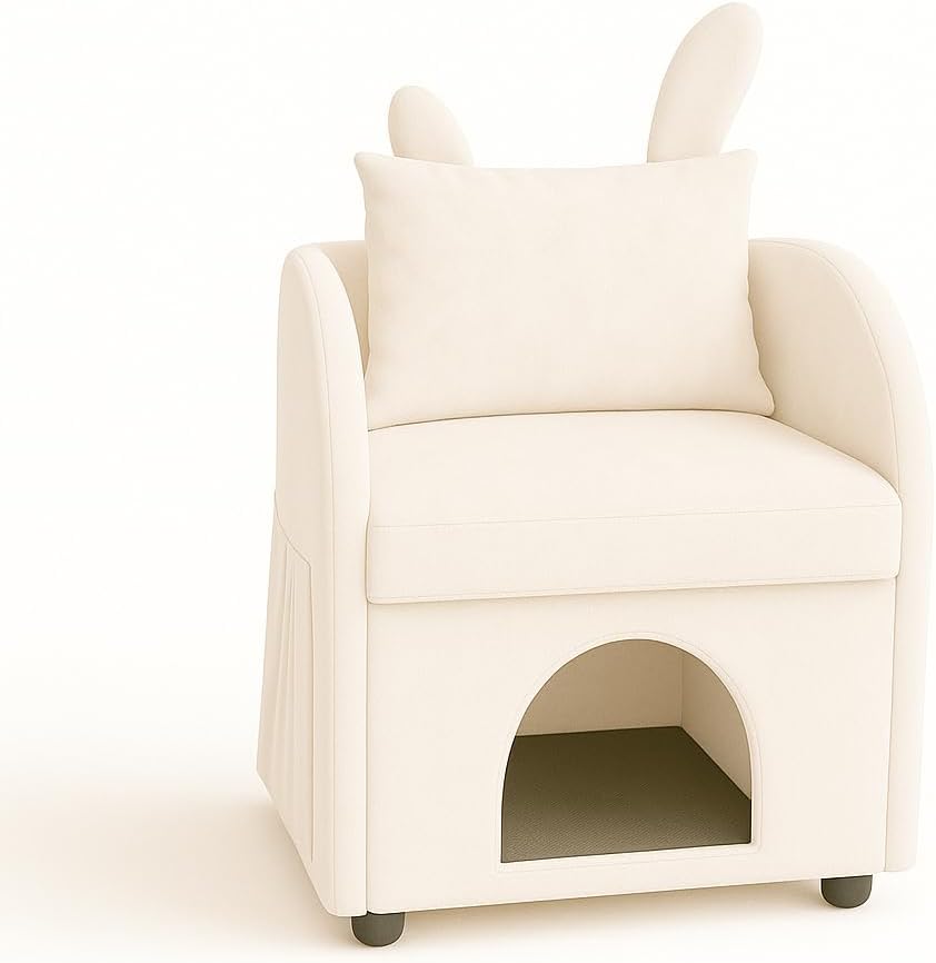 Beige Bunny Ear Pet Friendly Armchair with Built in Cat Dog Hideaway, Cozy Dual Use Accent Sofa Chair with Side Pocket for Bedroom, 27.4 25.2 37.4 Inch