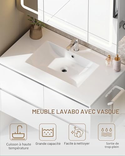 Meuble lavabo suspendu céramique blanc 2 portes Hzuaneri