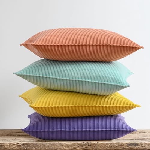 Fuhana Throw Pillow Covers 16x16 Inch Corduroy Set of 4 Decorative Couch Summer Throw Pillow Cases Square Farmhouse Boho Velvet Cushion Covers for Sofa Bed Living Room Home Decor Macaron