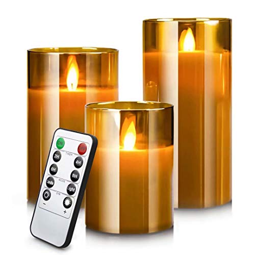Led Flameless Candles, Battery Operated Flickering Candles Pillar Real Wax Moving Flame Electric Candle Sets Gold Glass Effect with Remote Timer, 4 in, 5 in, 6 in, Pack of 3 Gray