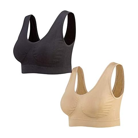 Lemef 3-Pack Seamless Sports Bra Wirefree Yoga Bra with Removable Pads for Women, Black&nude (2 Pack), XL Cover