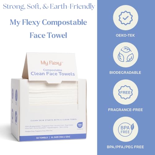My Flexy Disposable Face Towels XL for Skin Care & Makeup Removal – 100% Biodegradable Towelette, Face Wash Cloth, Disposable Face Towel for Skincare, Facial Towels, Dry Wipe, Hypoallergenic -50 Count