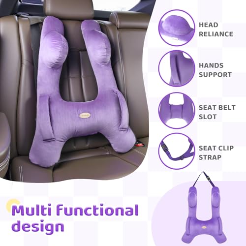 Image of FLORICH Kids Travel Pillow, Car Sleeping Travel Pillow for Kids, Washable H-Shaped Pillow for Adults and Children to Support Head and Body for Road Trips Pillow for Car (Slight Purple)