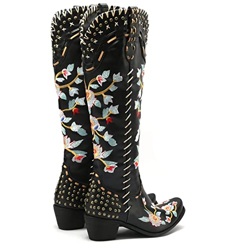 Image of YIYA Women's Star Cowboy Boots Black and White Cowgirl Boots with White Stars Pointed Toe Chunky Low Heel Pull-On Wide Calf Western Embroidered Boots