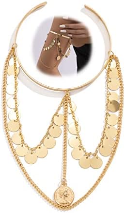 Bethynas Punk Chain Tassel Upper Arm Cuff Cute Butterfly Disc Shell Star Coin Leaf Charm Pendant Arm Bracelet Bangle Open Greek Armlet Beach Wedding Prom Party Accessories for Women and Girls (Gold coin)