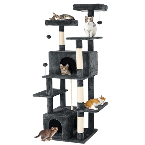 TSCOMON Árbol para gatos de 69 pulgadas de alto con enormes condominios, torre multifuncional para gatos con perchas superiores, postes rascadores, pompones, para escalar, descansar y jugar (gris