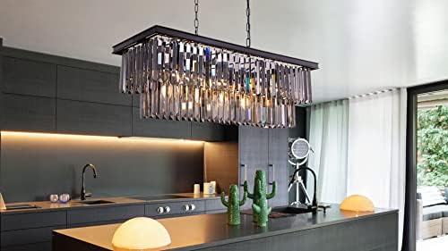 Wellmet 9-Light Black Crystal Chandelier 34.5 inch, Contemporary Modern Smoke Crystals Chandeliers Adjustable for Living Room, Dining Room, Pool Table Light, Kitchen Island Lighting