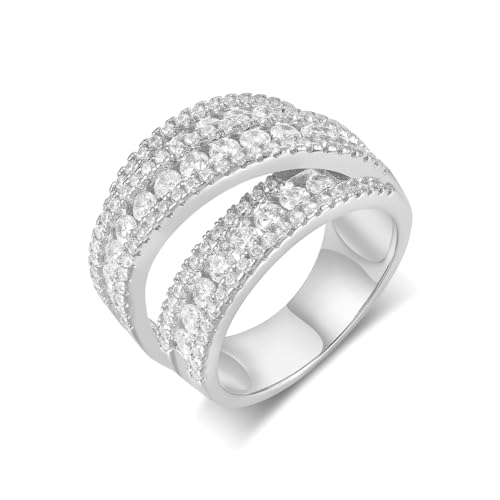 MDFUN Halo Eternity Rings Wedding Bands, 3 Rows Round Cut Cubic Zirconia Statement Rings, 18K White Gold/Yellow Gold Plated Wedding Band for Women Size 5-10