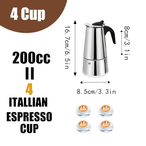 4 Tazze Stovetop Espresso Maker Moka Pot Espresso Maker in acciaio inox Percolator Italian Coffee Maker Capable Mocha Coffee Machine Cafe Classic Maker for Home e Camping 200ml 6.6oz - immagine 4
