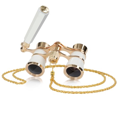BOSTRON 3X25 Theater Glasses Binoculars Compact with Adjustable Handle & Chain Opera Glasses for Women Adults in Musical Concert(White)