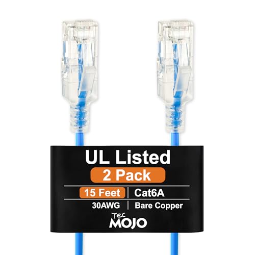 Tecmojo Ultra Slim Cat6A 15FT Ethernet Cable, 30AWG, 2-Pack, Blue