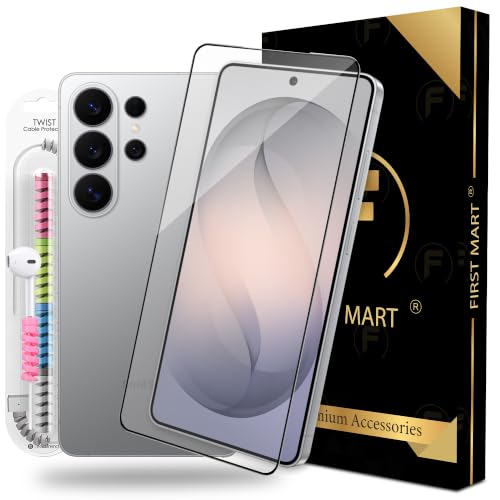 Image of FIRST MART Tempered Glass for Samsung Galaxy S26 Ultra, 9H 0.3 mm Full-Glue Screen Protector with Cable Protector, 3D Edge-to-Edge, HD Clear, Case-Friendly, Black, Pack of 1