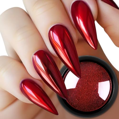 Polvere cromata rossa per unghie, design olografico, effetto specchio metallico, per manicure, glitter, pigmenti, decorazioni in polvere con strumento