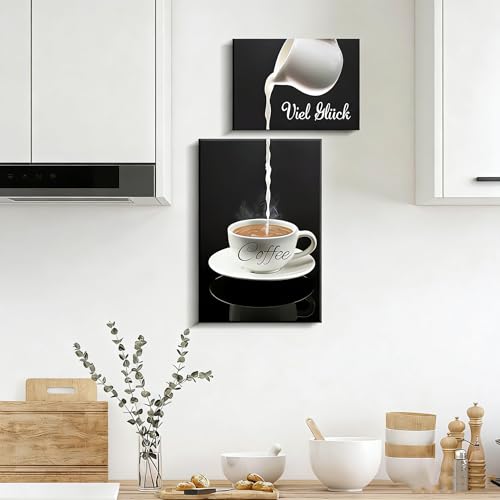 Ulluthu 2 Stück Kaffee Wandschild Wanddeko, Poster Kaffee Bilder, Modern Küche Wandbilder Kaffee Bar Wanddeko Leinwand Bilder Schwarz Kaffeetasse Wandbild für Café Bar Küche Restaurant Hause Deko