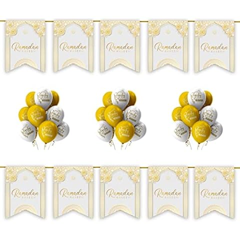 Al-Muallim Books Ramadan Mubarak Decoration Set - 20pc Set Pack with Buntings Flags Banners Balloons Partyware Decor Geometric (White & Gold 20pc Set),RM-MM22-20pc-WhtGold Cover