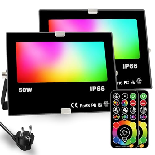 HEKEE Projecteur Led, équivalent 500W, Changement de Couleur Rgbw 120 Couleurs, Synchronisation, Projecteurs Extérieurs 5500 lumens, Blanc Chaud Rgb 2700K, Ip66 étanche