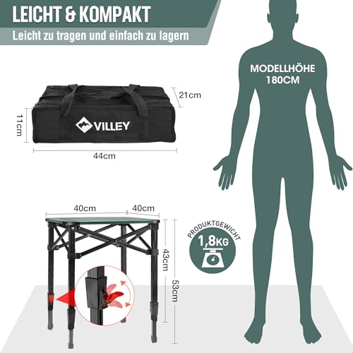 Kompakter VILLEY Campingtisch gefaltet in schwarzer Oxford-Tragetasche mit Schultergurt für einfachen Transport auf...
