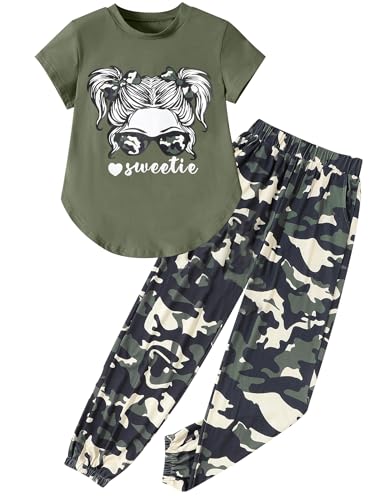 Image of Girls Outfits Short Sleeve Irregular Tops + Camouflage Long Legging Outfits 2PCs Summer Pant Sets 6-14T