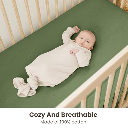 Image of Konssy Muslin Crib Sheets for Boys, Soft Cotton Neutral Baby Sheets for Standard Crib Mattress 2 Pack, 52 inchx28 inch (Sage Green,Leaf)