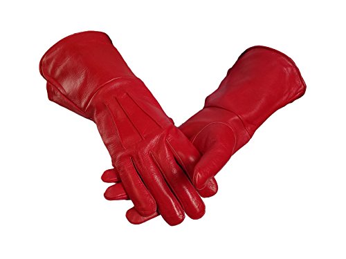 FreAire Leather Gauntlet Gloves Long Arm Cuff (Medium, RED)