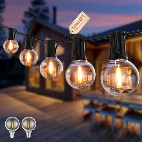 Pogestrand Lichterkette Außen Strom G40 15M LED Outdoor Lichterkette Glühbirnen Außen Innen Strom mit Stecker 25 bruchsichere Birnen netzbetriebene Außenleuchten für Terrasse Hof Balkon Gartenhaus