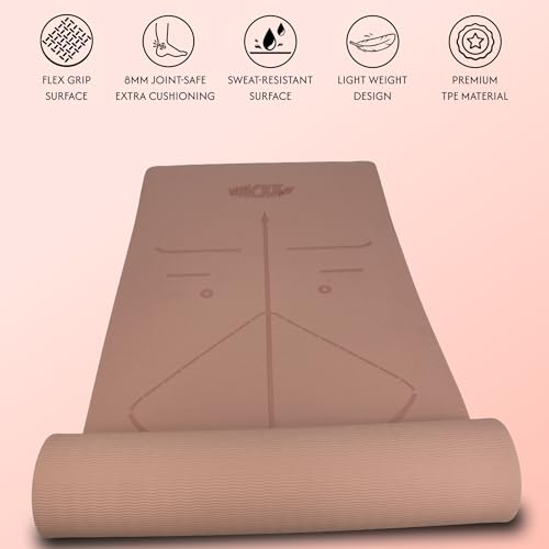 Image of Whackk TPE 8mm Laser Engraved Position Marking Yoga Mat| Coral Pink |Non-Slip Mat ext Thick extra cushioning for knee w. Carry Strap|Lightweight & Eco-Friendly Non Toxic I Exercise and Fitness