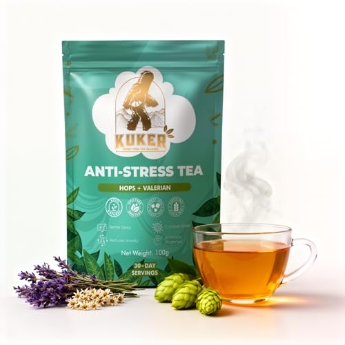 KUKER Anti-Stress Relaxing Tea 100g Loose Leaf – Calming Tea for Anxiety & Stress with Hops, Valerian & Chamomile – Night Tea for Sleep & Relaxation – Herbal Relax Remedies, Night Time Tea & Sleep Aid